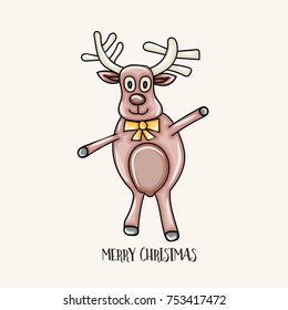 Merry Christmas typography. Funny dancing raindeer cartoon style vector illustration.