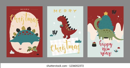Merry Christmas typography with funny dinosaurs. elements for holidays with greeting card template and pattern.
