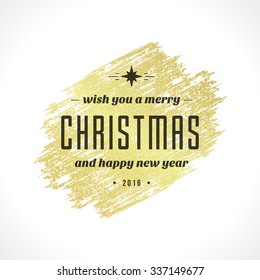 Merry Christmas Typography Greeting Card Design and Decoration Vector Background. Gold Texture paint stain hand drawn brush stroke.