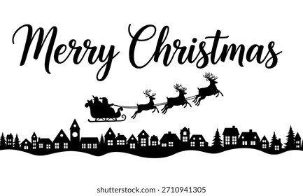 Merry Christmas typography greeting design featuring Santa Claus riding a sleigh pulled by reindeer flying over a winter village silhouette landscape.