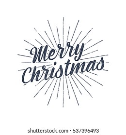 Merry Christmas typography label. Retro photo overlay, badge. Vector holiday lettering illustration. Xmas greeting sign isolated. Rustic style. Stock holiday insignia.