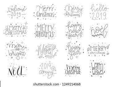 Merry Christmas typography lettering set. Set of 16 hand drawn Christmas phrases card design templates. Typography for Christmas gift card.