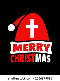 Merry christmas typography on black background with red santa claus's hat. Vector file.