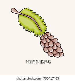 Merry Christmas typography. Pine tree cone on a branch cartoon style vector illustration.