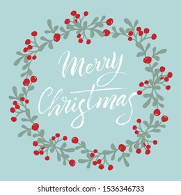 Merry Christmas typography postcard with nice frame. Traditional xmas holiday greeting text. Modern lettering party invitation. Vector eps 10.