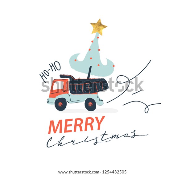 Merry Christmas typography poster /\
card with funny illustration. Vector illustrations and typography\
for design. Creative childish illustration\
design.