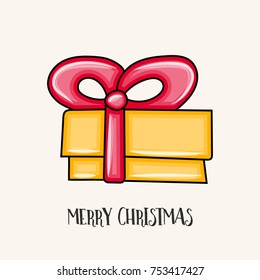 Merry Christmas typography. Present box cartoon style vector illustration.