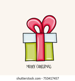 Merry Christmas typography. Present box cartoon style vector illustration.