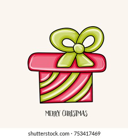 Merry Christmas typography. Present box cartoon style vector illustration.