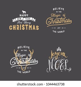 Merry Christmas typography quotes, wishes set. Sunbursts, ribbon and xmas noel elements, icons. New Year lettering, sayings, vintage labels. Seasonal greetings calligraphy. Stock vector.
