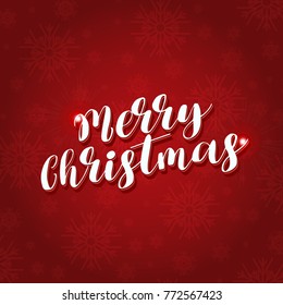 Merry christmas typography red background wiht snowflakes.