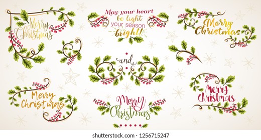 Merry Christmas. Typography set with holly branches. Vector logo, emblem, holiday design