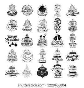 Merry Christmas. Typography set. Let it snow. Christmas quotes. Happy holidays. Vector logo, emblems.