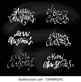 Merry Christmas. Typography set. Lettering. Vector logo, emblem, text design for banners, greeting cards, gifts on a black background with chalk
