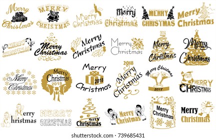 Merry Christmas. Typography set. Vector logo, emblems, text design. Usable for banners, greeting cards, gifts etc.