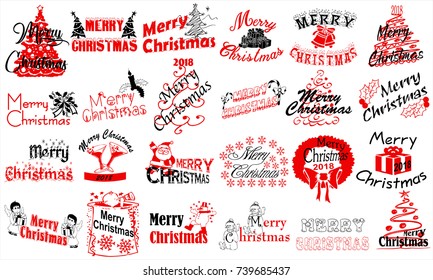 Feliz Natal. Conjunto de tipografia. Logotipo vetorial, emblemas, design de texto. Usável para banners, cartões de felicitações, presentes etc.