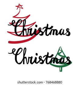 Merry Christmas typography set. Vector logo, emblems, text design. Usable for banners, greeting cards. Christmas lettering with stylized outline christmas tree.