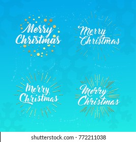 Merry Christmas. Typography set. Vector illustration glittering lettering design. Usable for banners, greeting cards, gifts etc. Xmas composition with light rays.