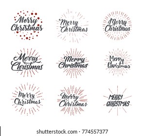Merry Christmas. Typography set. Vector illustration glittering lettering design. Usable for banners, greeting cards, gifts etc. Xmas composition with light rays.
