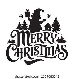 Merry Christmas typography silhouette vector art with element on white background