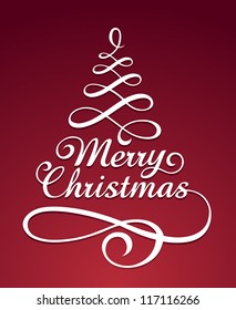 Merry christmas typography with christmas tree shaped swirls.
