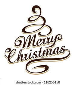 Merry Christmas Typography With Christmas Tree Shaped Swirls.