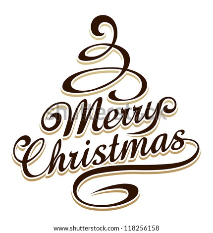 Merry christmas typography with christmas tree shaped swirls.