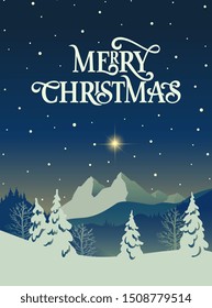 Merry Christmas  typography vector design for greeting cards and poster. Winter landscape with mountains and a star burning in the sky. 
