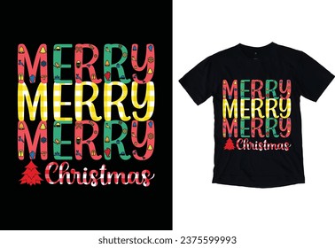 Merry Merry Merry Christmas typography Vector Eye catching Christmas Day t-shirt ready for prints posters, banner, mug
