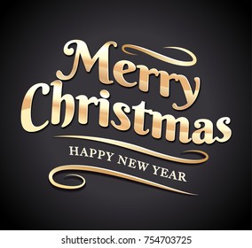 Merry Christmas Typography. Vector Christmas lettering. Beautiful retro style gold letters on black background. Calligraphic gold lettering isolated on black.