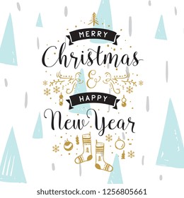 Merry Christmas. Typography. Vector logo, text design. Greeting card.