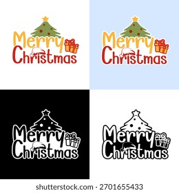 Fröhliche Weihnachten Typografie Vektor mit Baum und Geschenk-Illustration, niedliche festliche Feiertage Design