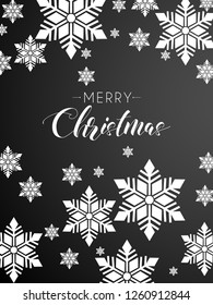Merry Christmas typography. Xmas isolated calligraphy. Banner, postcard, poster design element. Vector illustration for merry Christmas. top view of snow flakes & balls .