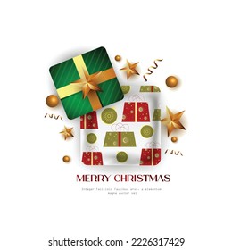 Merry Christmas typography. Xmas isolated calligraphy. Banner, postcard, poster design element. Vector illustration for merry Christmas. top view of snow flakes , gifts, lights, balls .