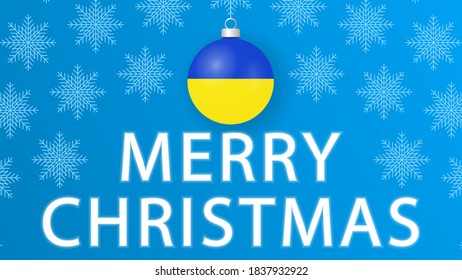 Merry Christmas with Ukraine flag.Illustration with snowflakes and Christmas balls on a blue background.Vector illustration.