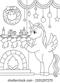 Merry Christmas unicorn coloring. Hand drawn vector illustration. Magical animal. Coloring book pages for adults and kids. 
unicorn entangled in a garland, decorations for the Christmas tree, stars