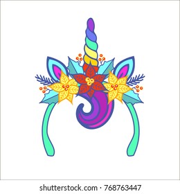 Merry Christmas Unicorn Tiara with rainbow horn and Christmas star flower Poinsettia. Vector illustration isolated on white background. Design element.