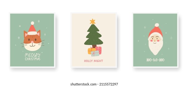 Merry Christmas unique hand drawn poster set. Santa, xmas tree, gift box, cat. Holiday greeting cards. Hand lettering Meowy Christmas, Holly night. Cute winter design. Vector illustration.