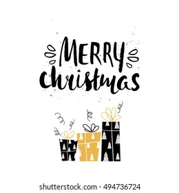 Merry Christmas unique holiday handwritten lettering and gifts. Winter modern greeting card with gifts. Vector Illustration