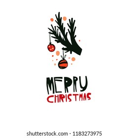 Merry Christmas- unique vector art  with branch and decor