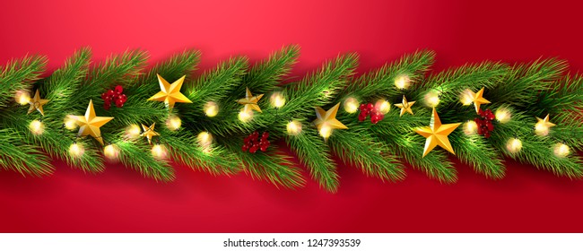 Merry Christmas Universal vector red background with fir branches, Rowan, stars and luminous garland. Vector template, space for text.