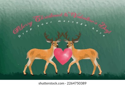 Merry Christmas and Valentine's day card design with watercolor  love deer vector illustration