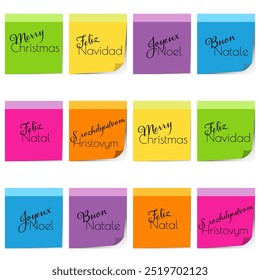 Merry Christmas in various languages on Colourful Sticky Notes, English, Spanish, Portuguese, French, Italian and Russian Merry Christmas