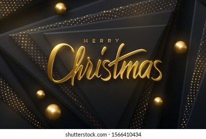 Merry Christmas. Vector 3d illustration. Festive golden lettering on black papercut background. Geometric shapes textured with glittering pattern. Festive banner design. Christian religious event sign