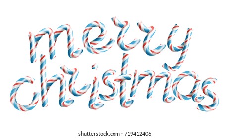 Merry Christmas Vector. 3D Sign In Christmas Colours. Classic Xmas Red, Blue White, Candy Cane. Xmas Poster, Greeting Card, Brochure, Flyer Typography Template Design. Isolated Illustration