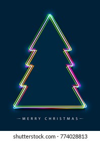 Merry Christmas! Vector abstract colorful Christmas tree consisting multicolored outlines and glowing light effect dark blue background 