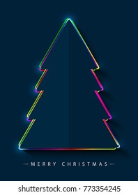 Merry Christmas! Vector abstract creative flat Christmas tree consisting of colorful multicolor outlines with glowing light effect on dark blue background.