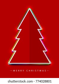 Merry Christmas! Vector abstract creative flat red Christmas tree consisting of colorful multicolor outlines with glowing light effect on red background.