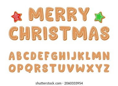 Merry Christmas. Vector alphabet in the shape of gingerbread cookies with white icing. Christmas font