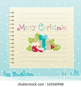 Merry christmas! Vector background of christmas decorations with empty blank and winter snow landscape